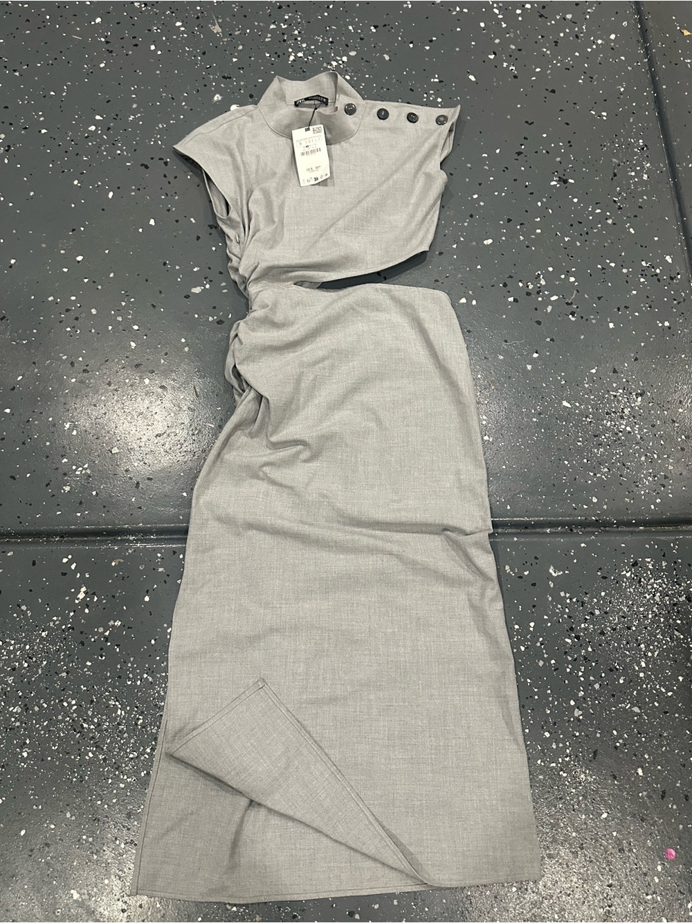 Zara Light Gray Midi Dress with Button Shoulder Detail